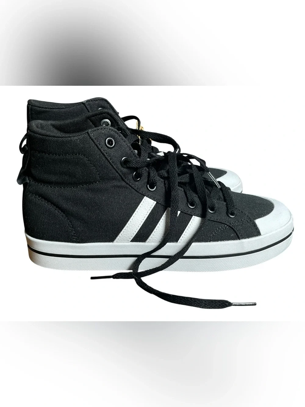 US 8.5 adidas Black High-Top Sneakers with White Stripes